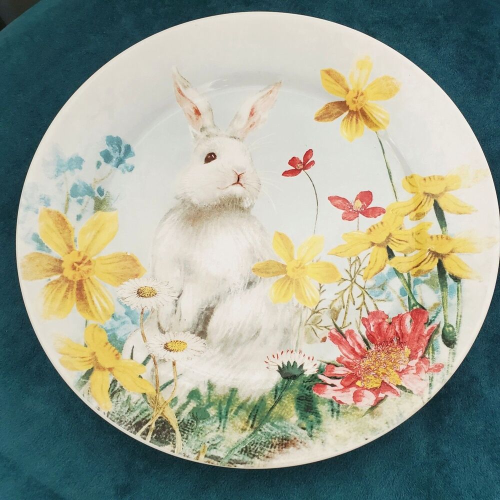 Pottery Barn Hilltop Garden Salad Plate White Bunny Spring Floral Print 8.5"